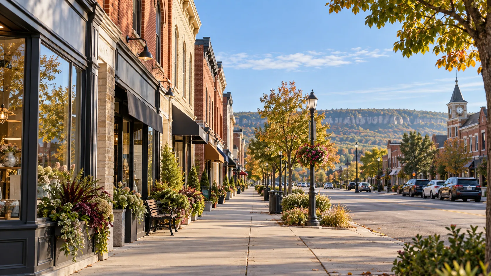 Milton-inspired brick Main Street storefronts with the Niagara Escarpment in the distance