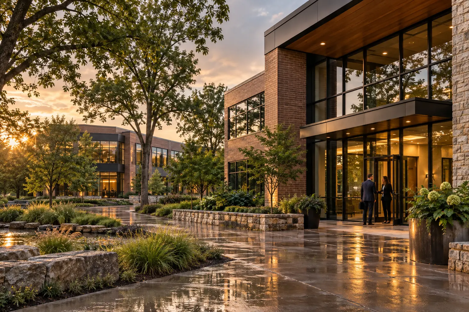 Contemporary Minnetonka business buildings with trees and landscaped grounds