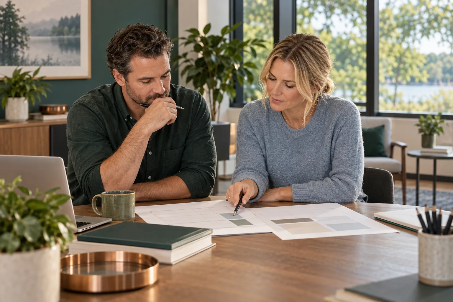 Owners examining service scope and cost decisions at a worktable