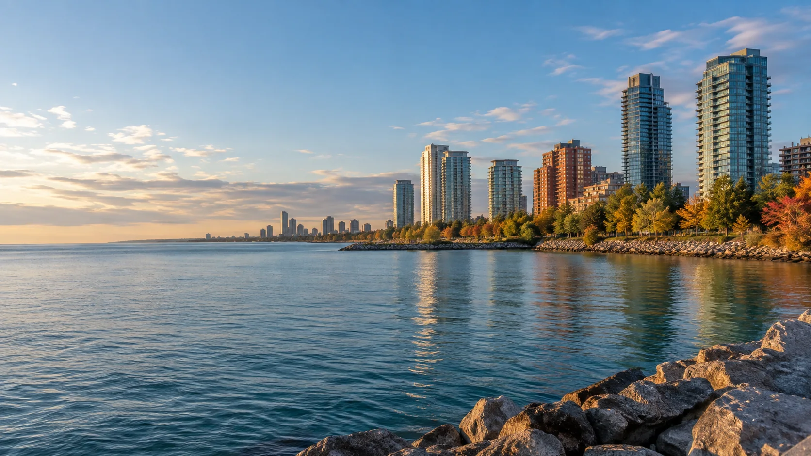 Lake Ontario waterfront and high-rise buildings in an autumn scene for Mississauga