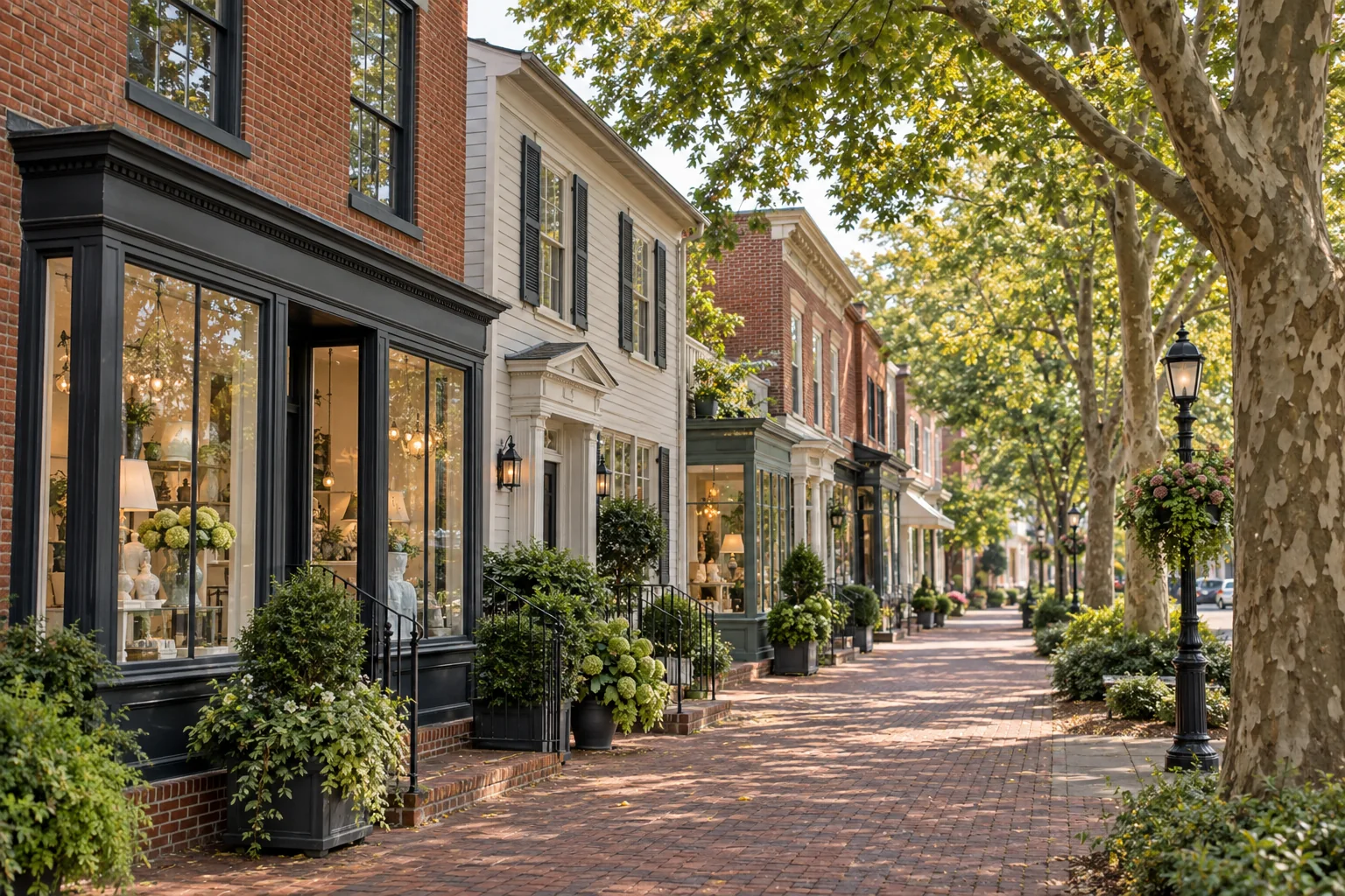 Tree-lined Moorestown Main Street with brick and painted small-business storefronts