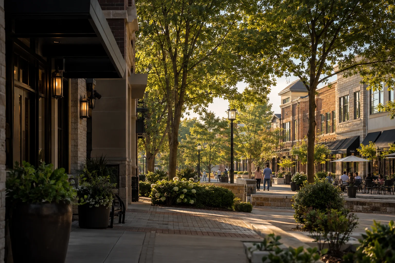 Tree-lined brick commercial center in Mount Juliet with small-business storefronts