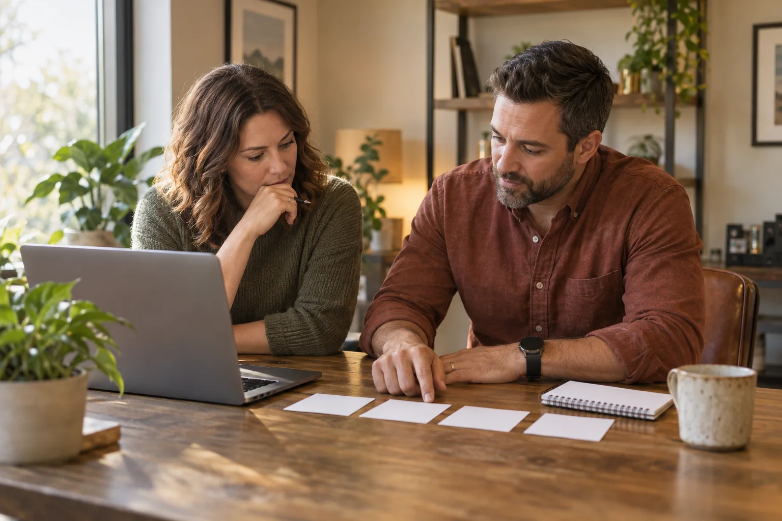 Two small-business operators reviewing blank follow-up cards and a laptop at a worktable