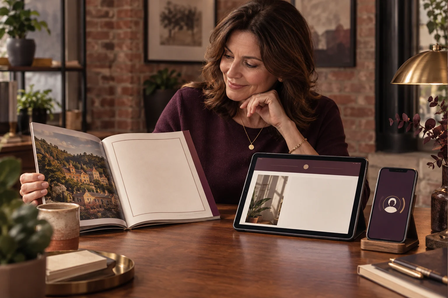Business owner comparing a local magazine message with a website service page and an inquiry