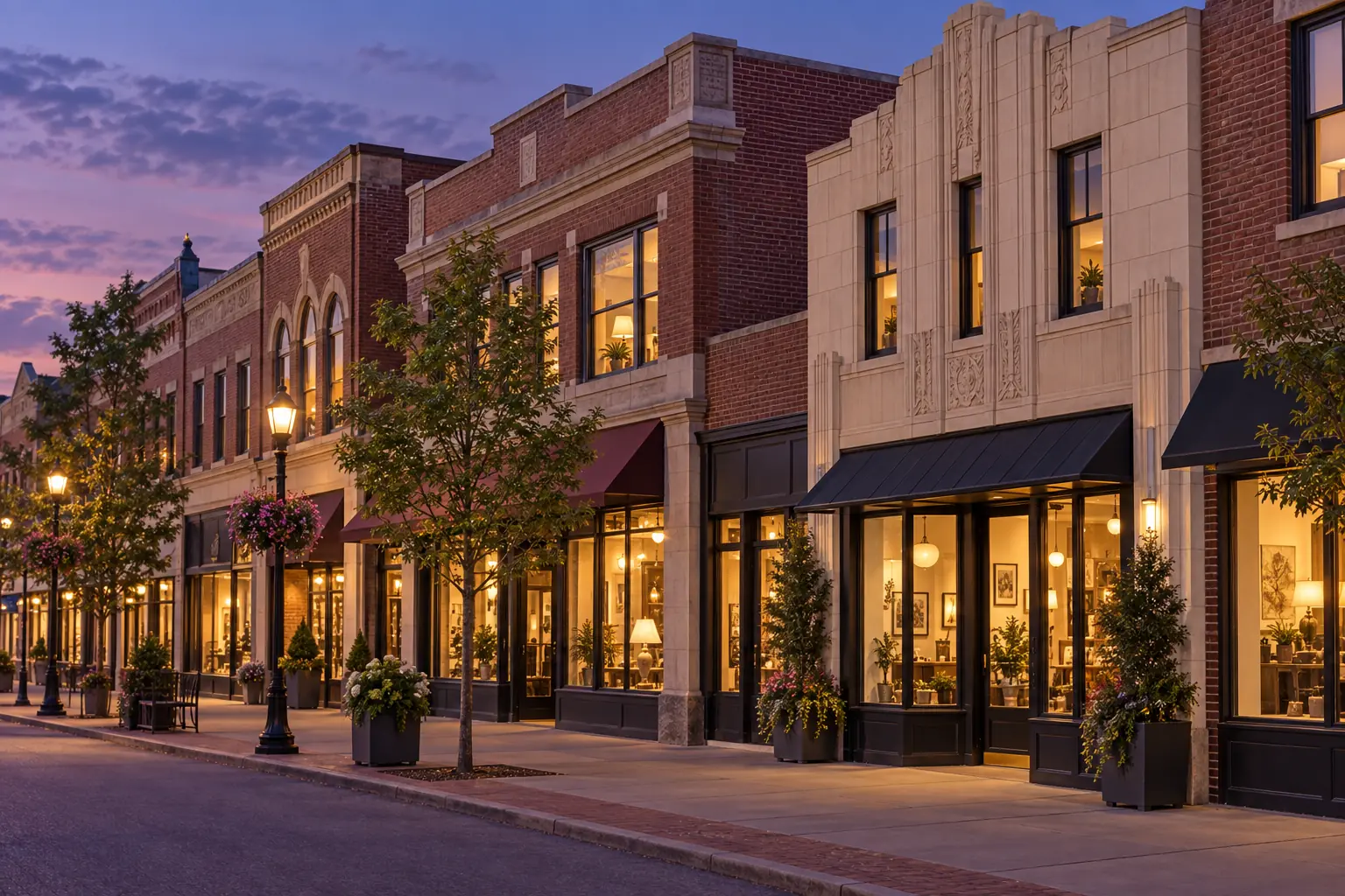 Brick and stone storefront architecture along Mt. Lebanon's Washington Road business district