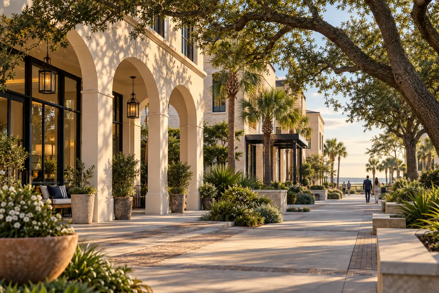 Commercial buildings and shaded arcades among live oaks in Mount Pleasant, South Carolina