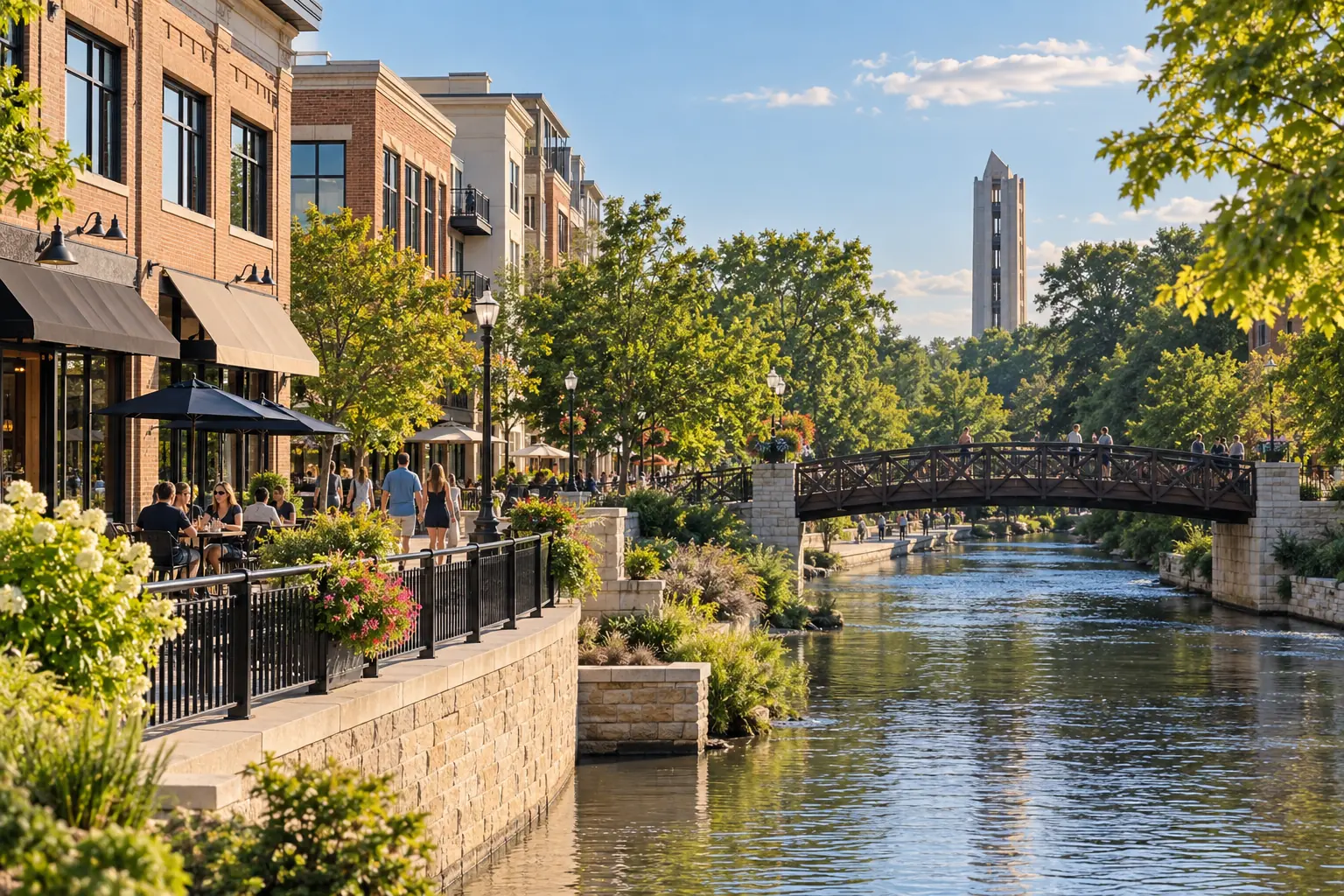 Downtown Naperville business buildings by the Riverwalk and Millennium Carillon