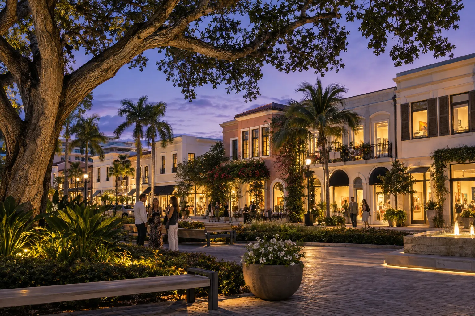 Downtown Naples commercial buildings and gathering space at dusk