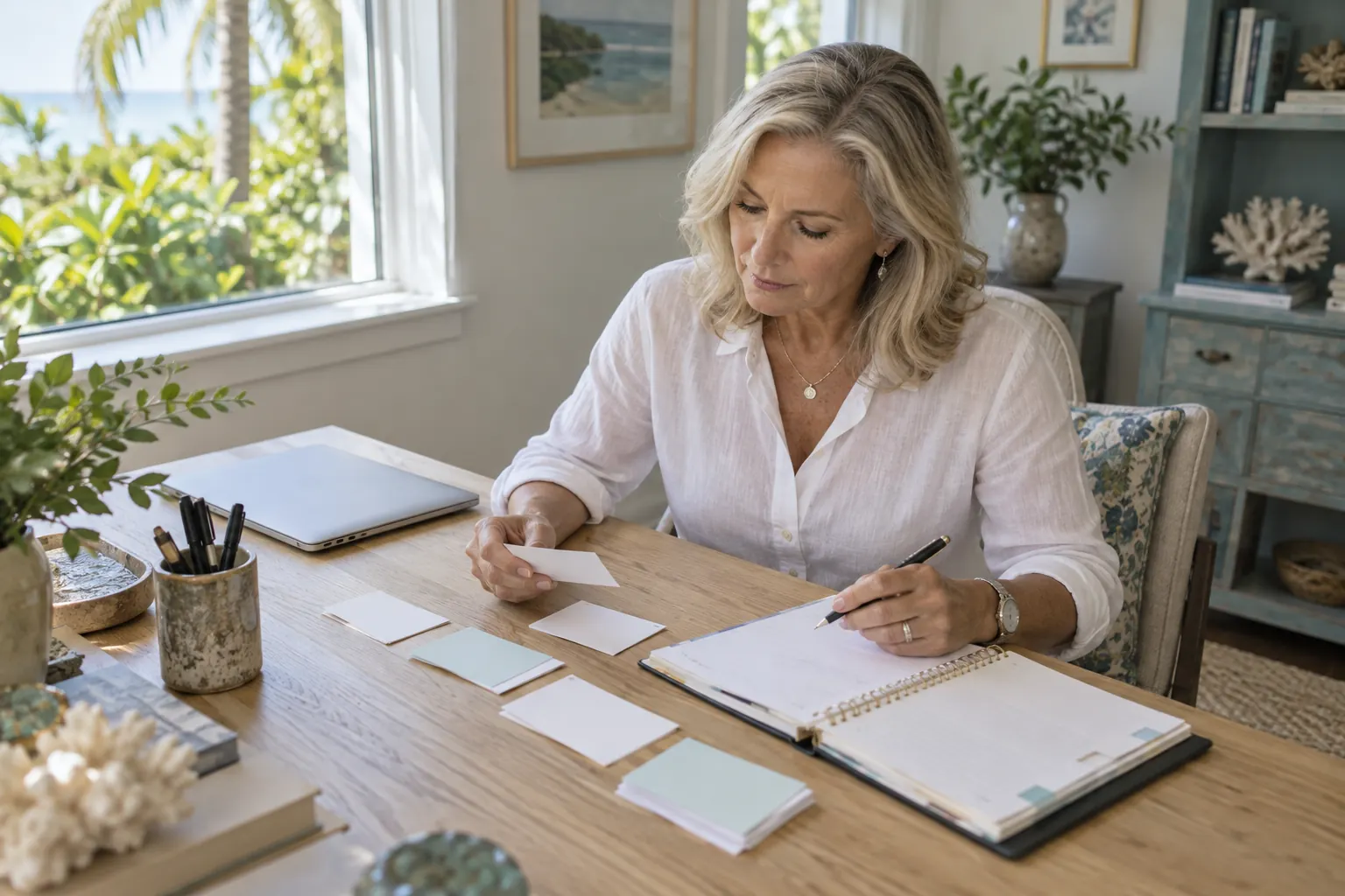 Naples business owner comparing customer inquiry questions at her desk