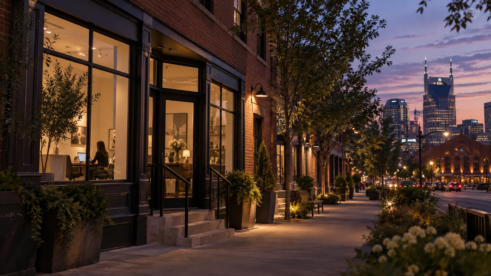 Nashville-style independent business storefront at blue hour, original image by The Quiet Protocol