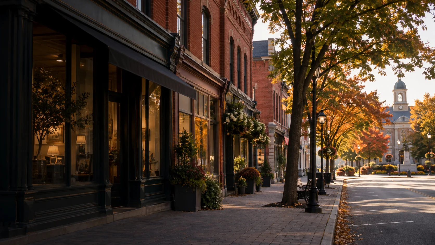 Autumn light on brick storefronts along a Newmarket Main Street-inspired block