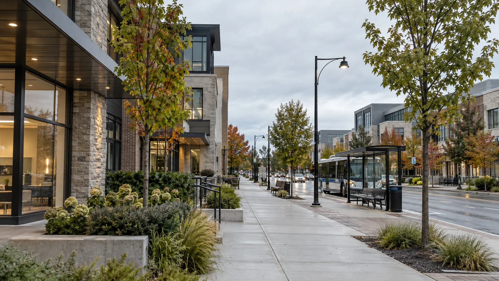 Tree-lined professional offices and transit on a Newmarket Yonge and Davis-inspired corridor