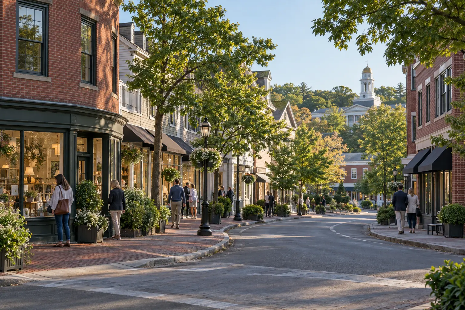 Leafy village storefronts and professional offices in Newton