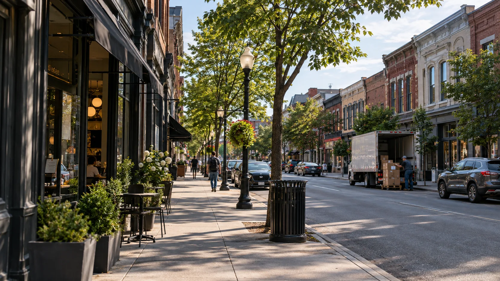 Brick storefronts, trees and a delivery vehicle on a Niagara Falls-style downtown street
