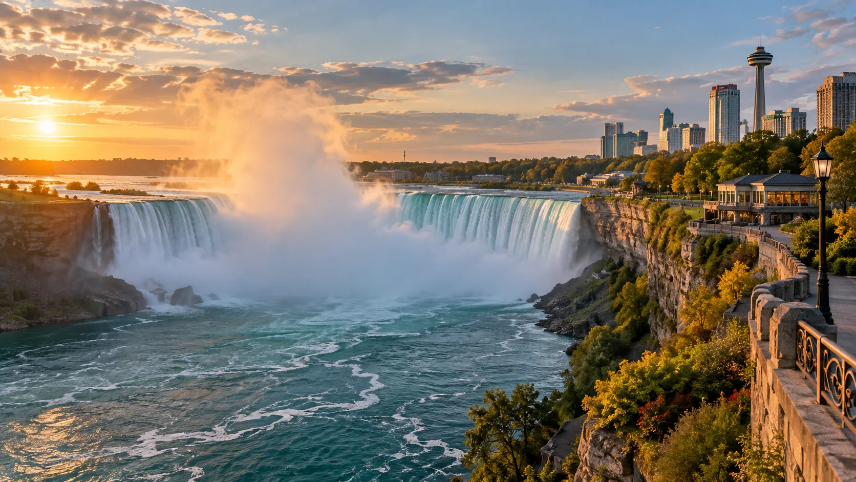 Broad waterfall, rising mist and a riverside hospitality skyline in a Niagara Falls-inspired scene