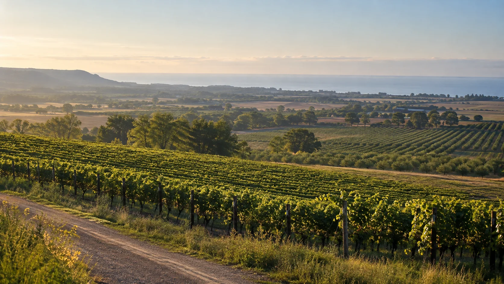 Grape vines and tender-fruit orchards descending toward Lake Ontario in a Niagara Peninsula landscape