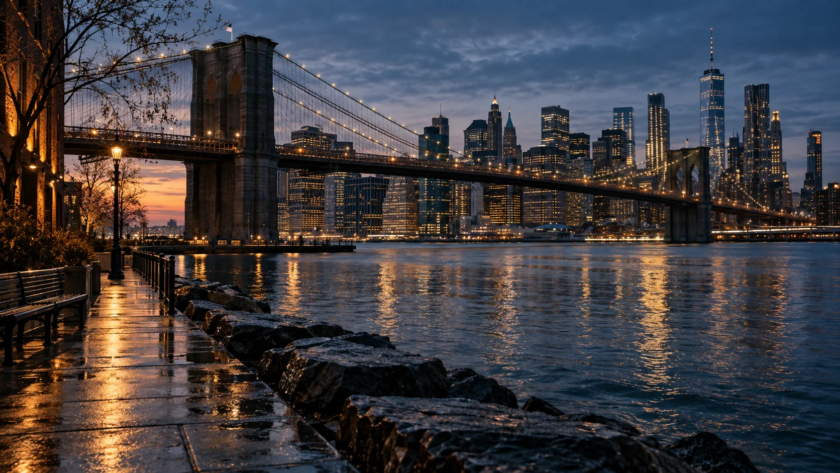 Brooklyn Bridge crossing toward Lower Manhattan at blue hour, original New York City image by The Quiet Protocol