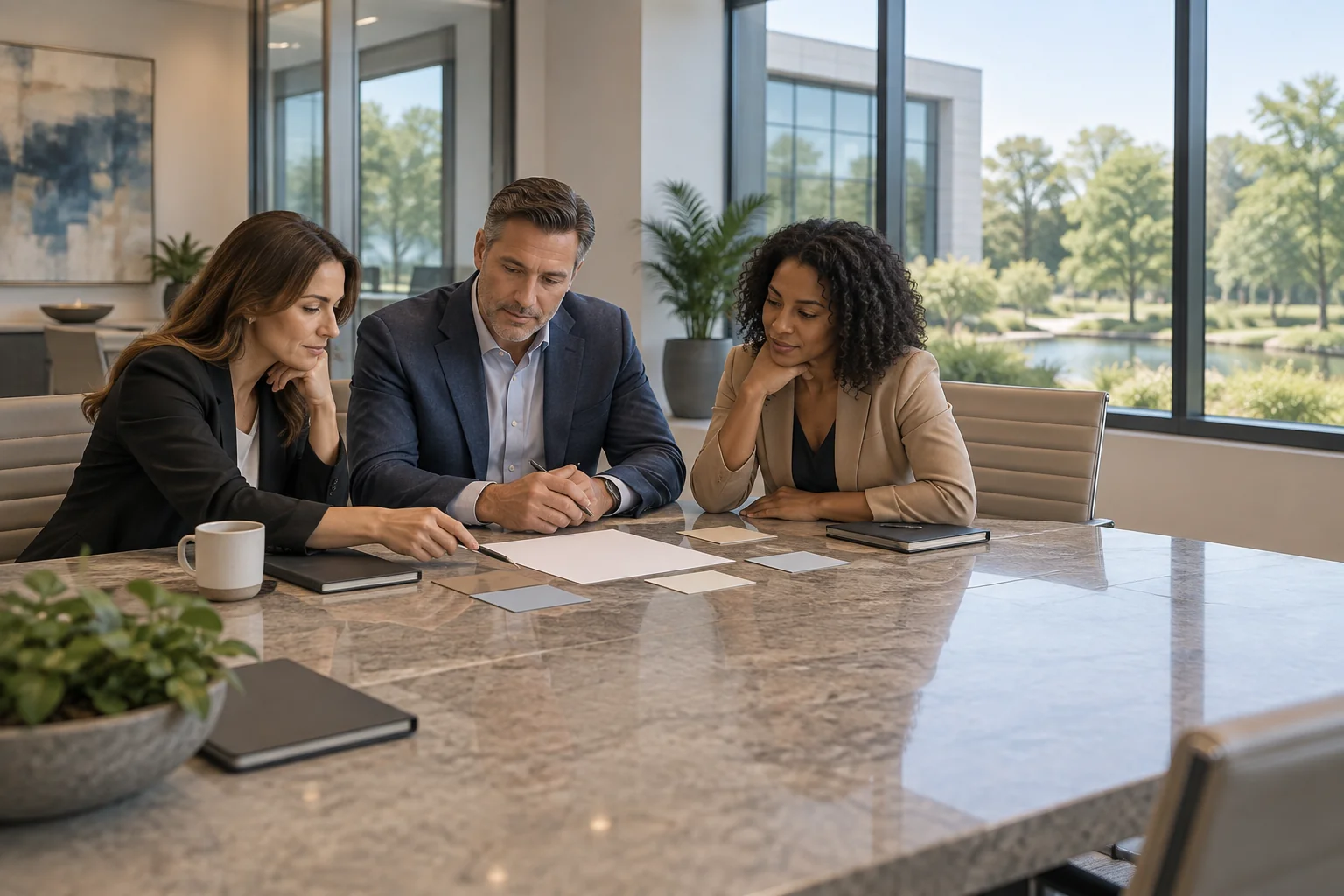 Business team reviewing a service proposal around a conference table