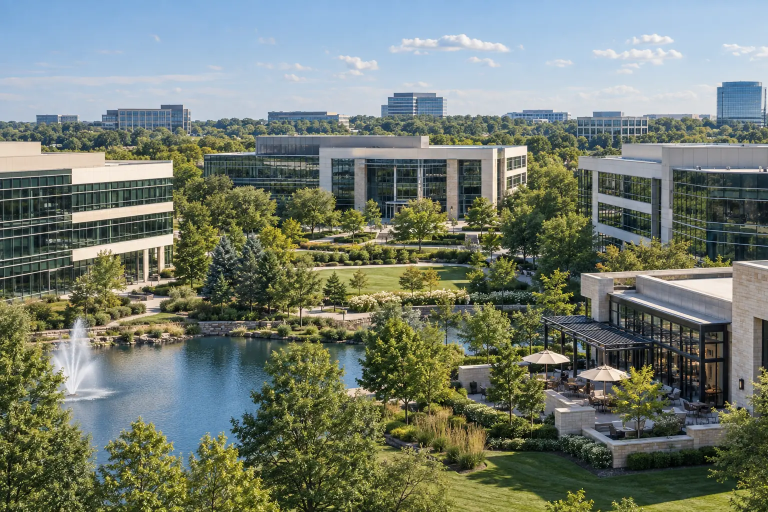 Landscaped office buildings in an Oak Brook business district