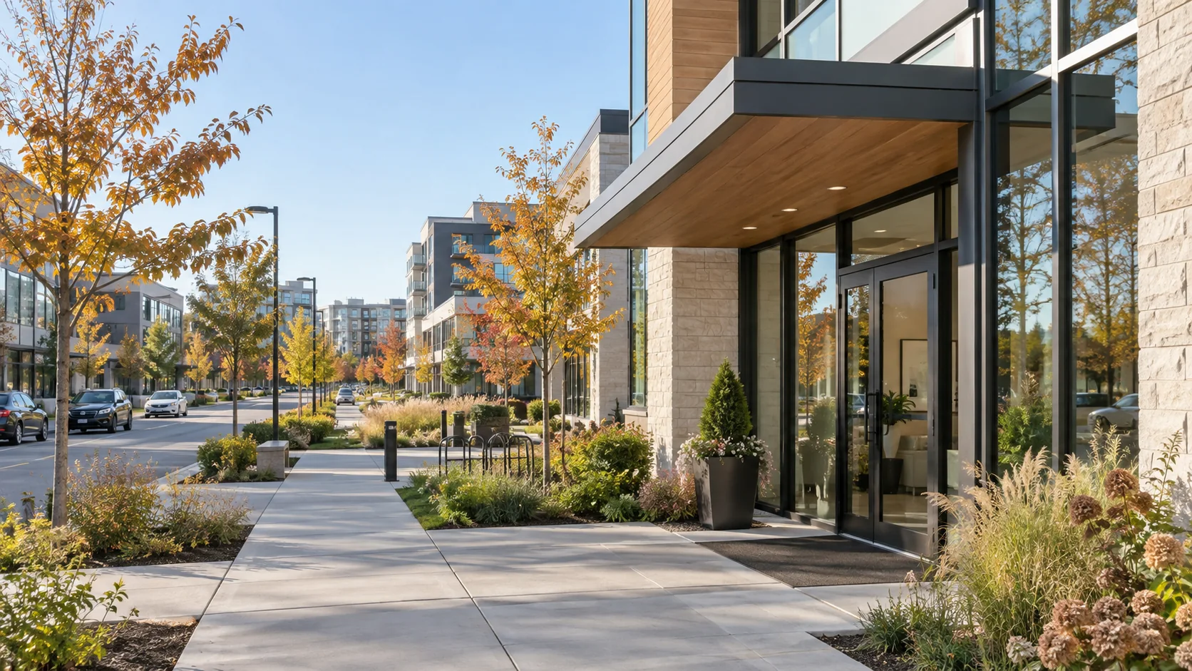 Tree-lined modern business district with street-level professional premises in autumn
