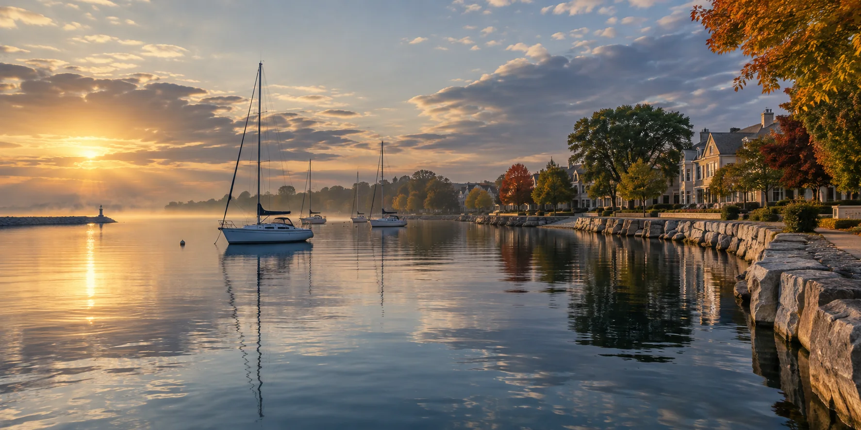 Sailboats, autumn trees and a stone harbour edge at sunrise, reflecting Oakville's lakefront setting