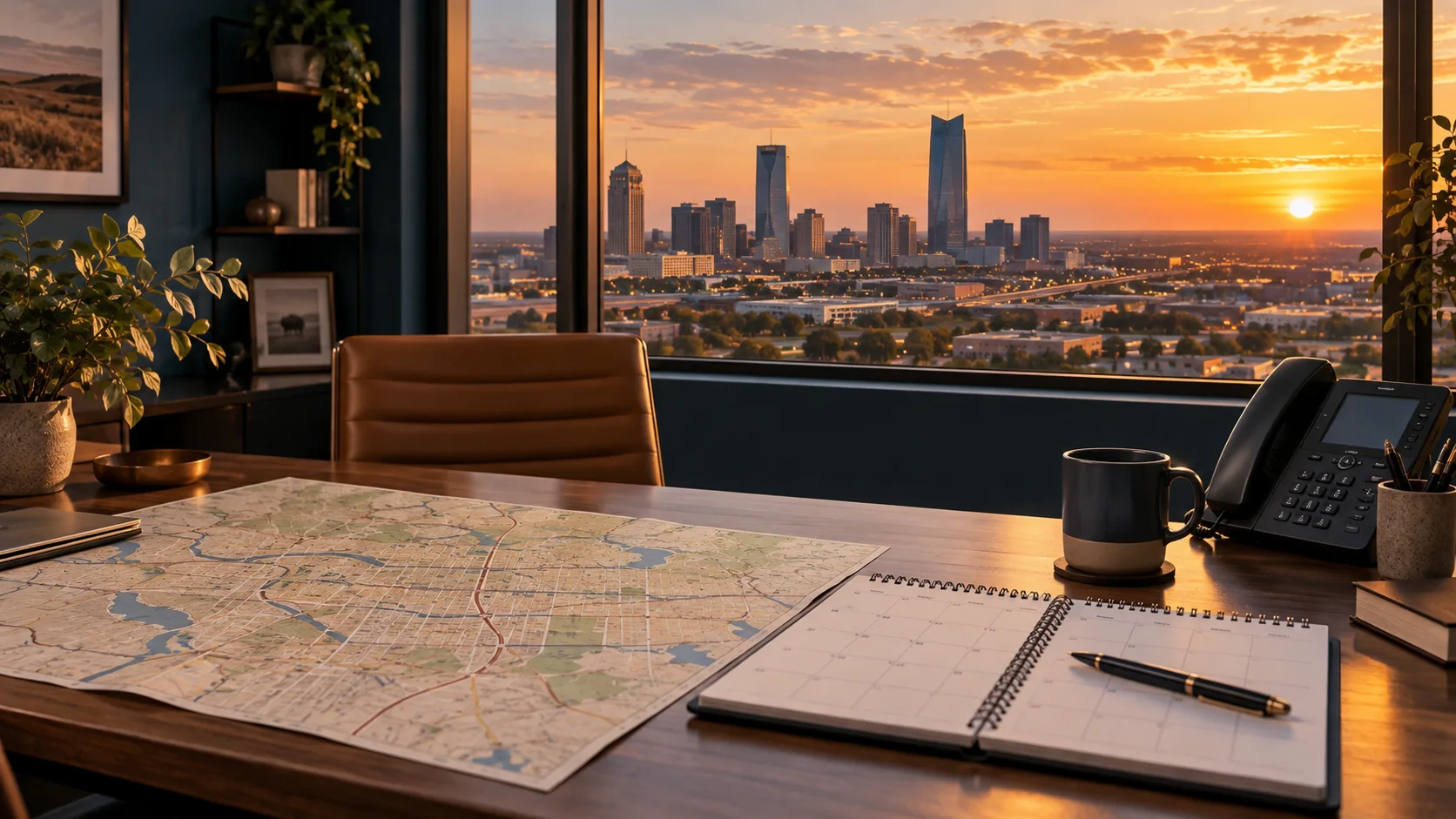 Oklahoma City small-business planning desk with service map and skyline, original image by The Quiet Protocol