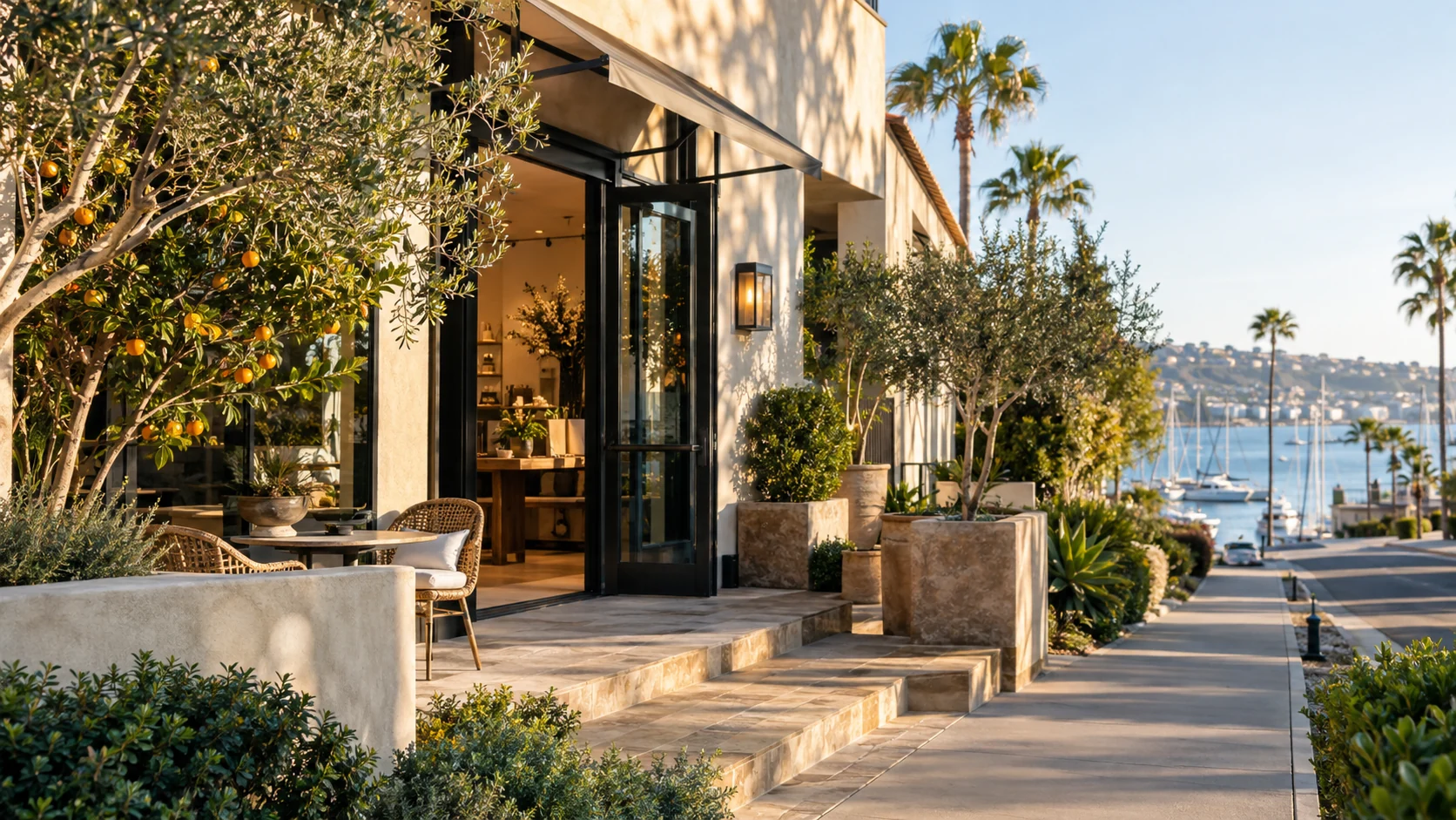 Orange County coastal business storefront overlooking the harbor, original image by The Quiet Protocol