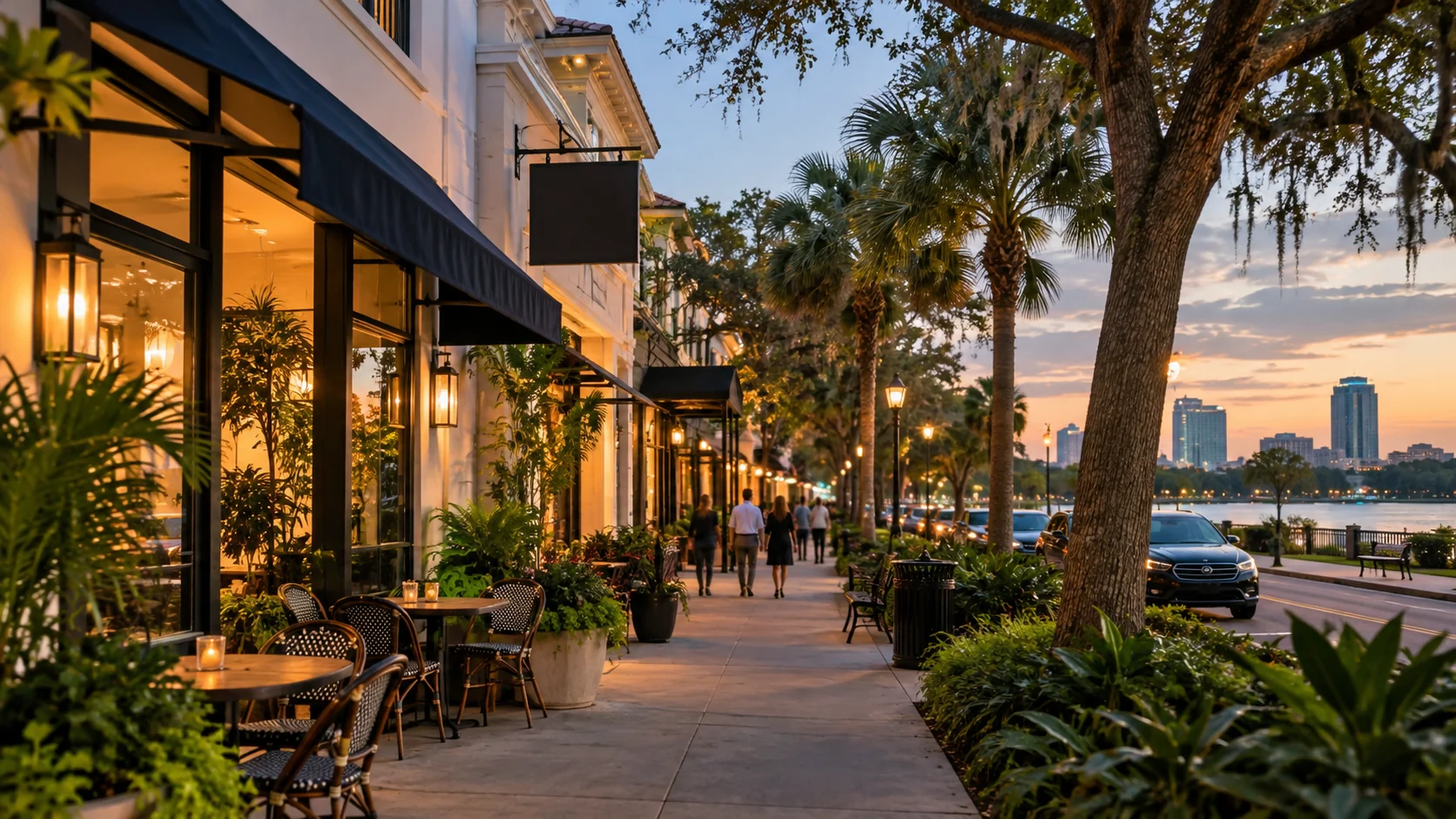 Independent Orlando-area storefronts beside a lake at dusk, original image by The Quiet Protocol