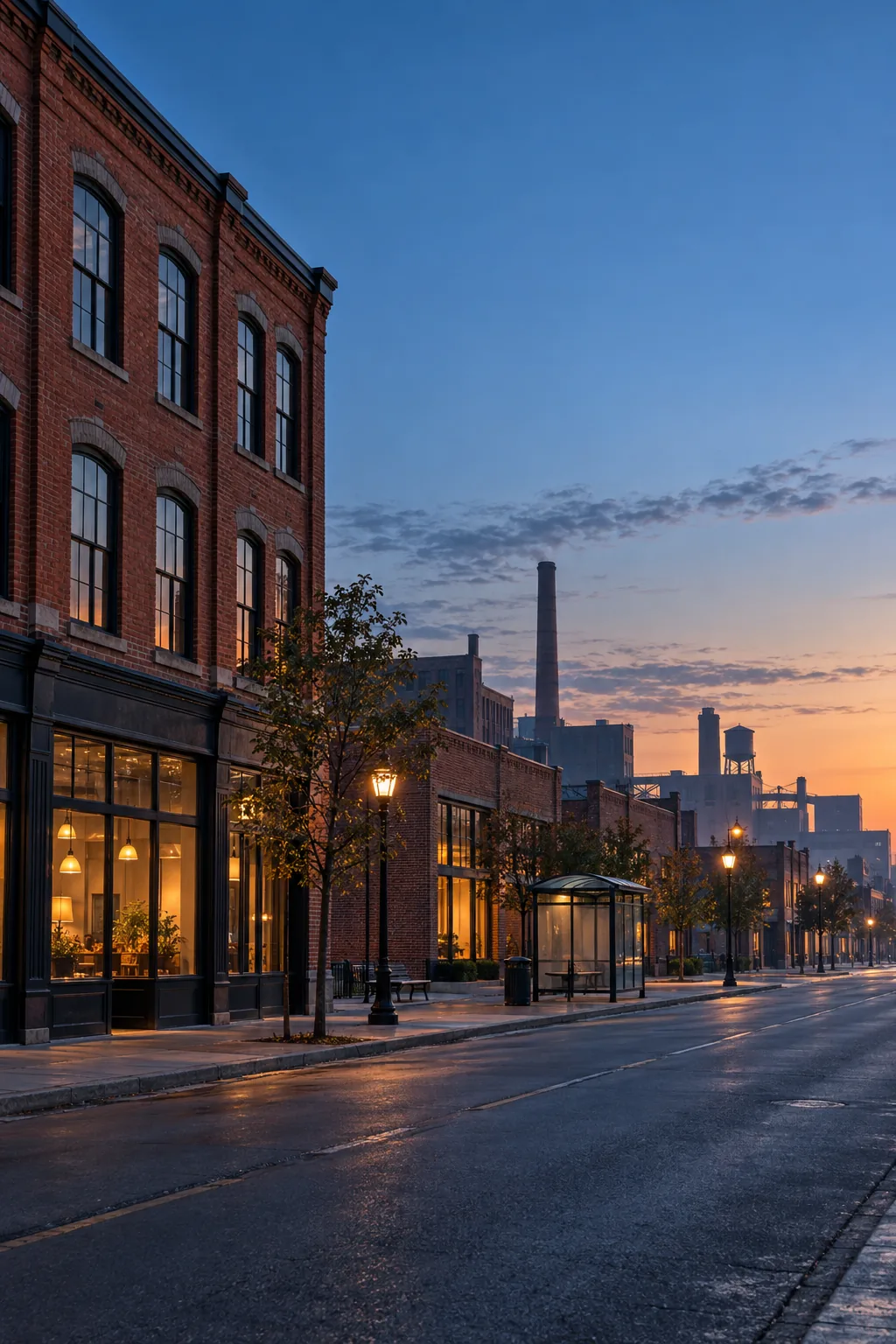 Oshawa-inspired brick business street with industrial roofs at dawn