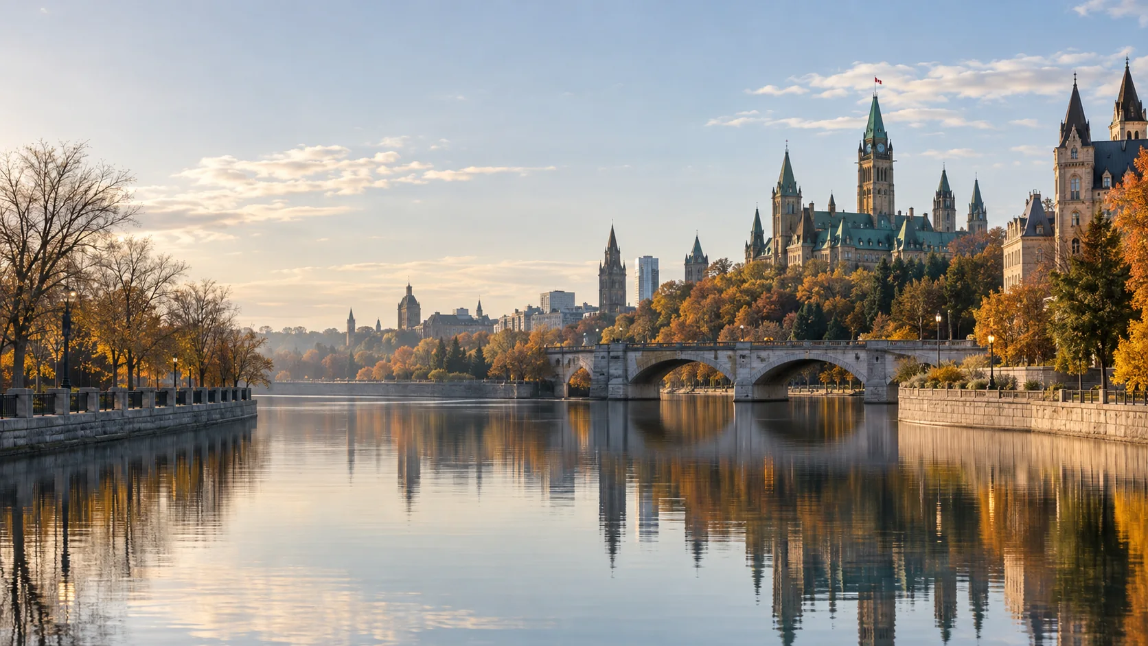 Autumn light along an Ottawa-inspired canal and bridge toward the capital skyline