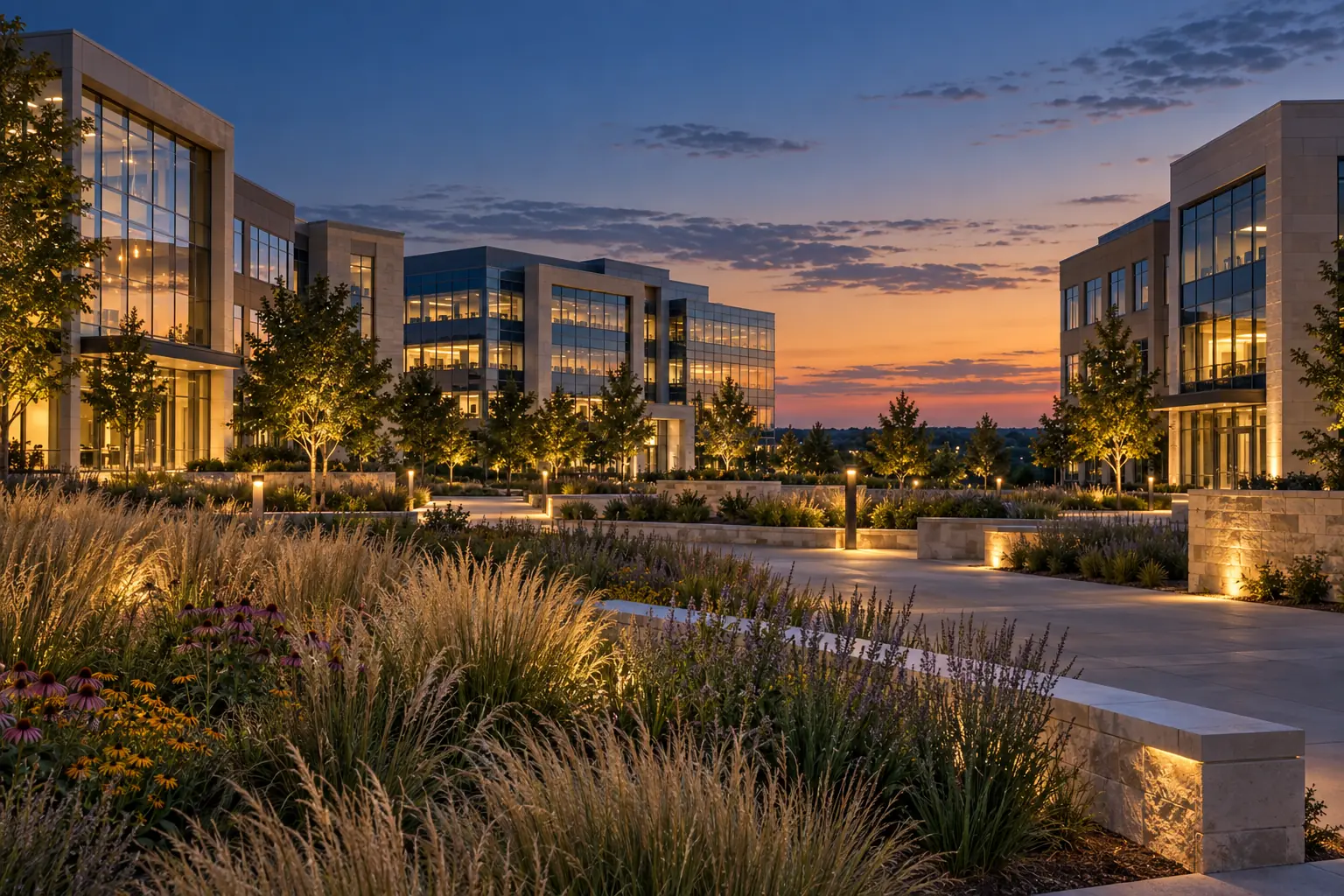 Professional offices and prairie landscaping in an Overland Park business district