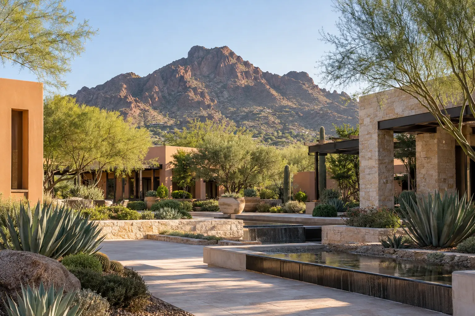 Paradise Valley commercial courtyard with Camelback Mountain beyond