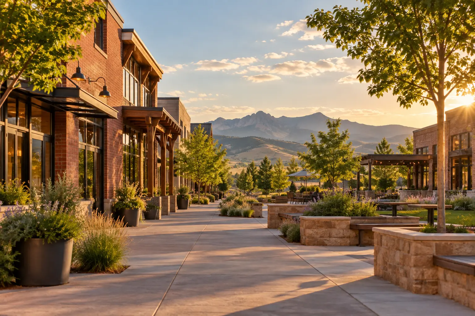 Parker-area brick and timber business buildings with Colorado foothills beyond