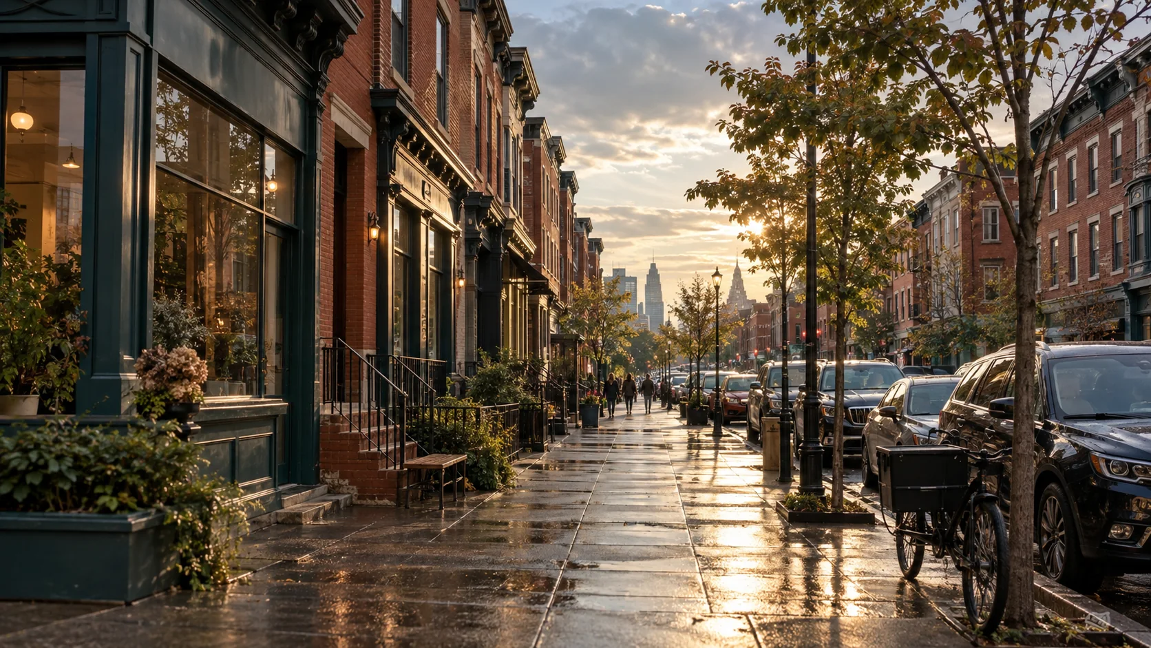 Philadelphia neighborhood storefronts and rowhouses along a rain-washed commercial corridor at sunset, original image by The Quiet Protocol