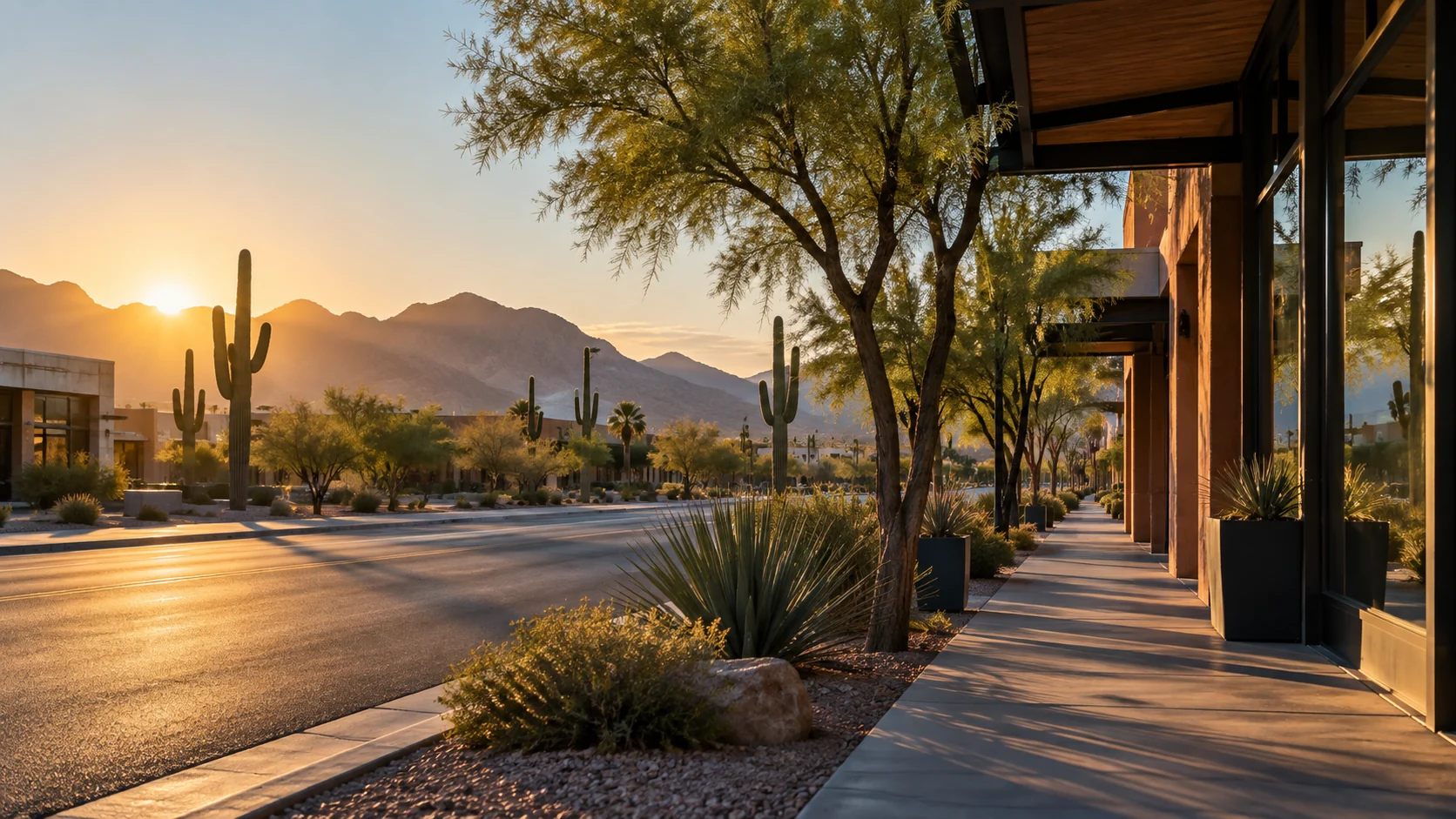 Shaded Phoenix service storefront and Sonoran desert street at dawn, original image by The Quiet Protocol
