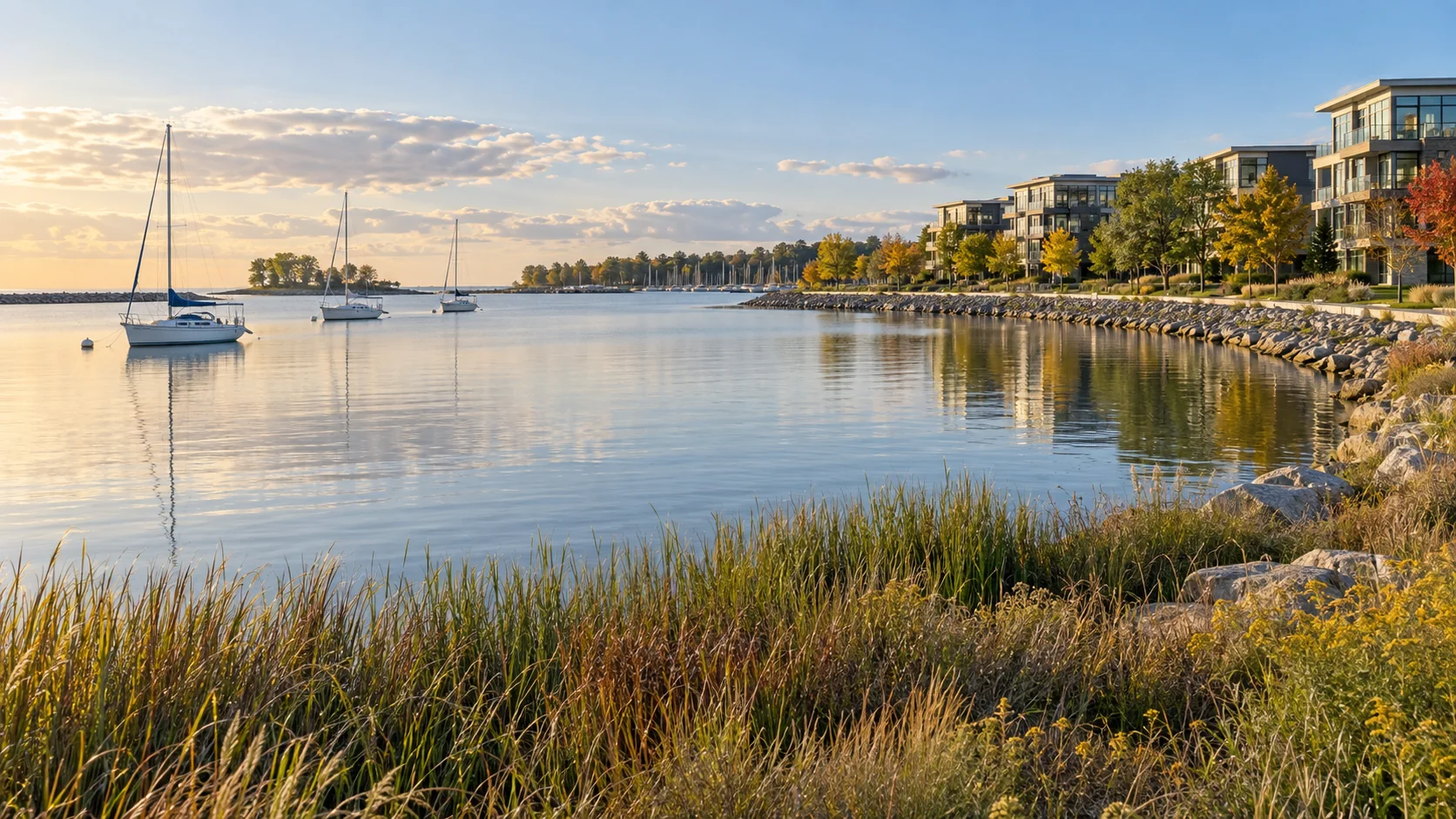 Sailboats on sheltered water with a marshy shoreline, evoking Pickering's Frenchman's Bay