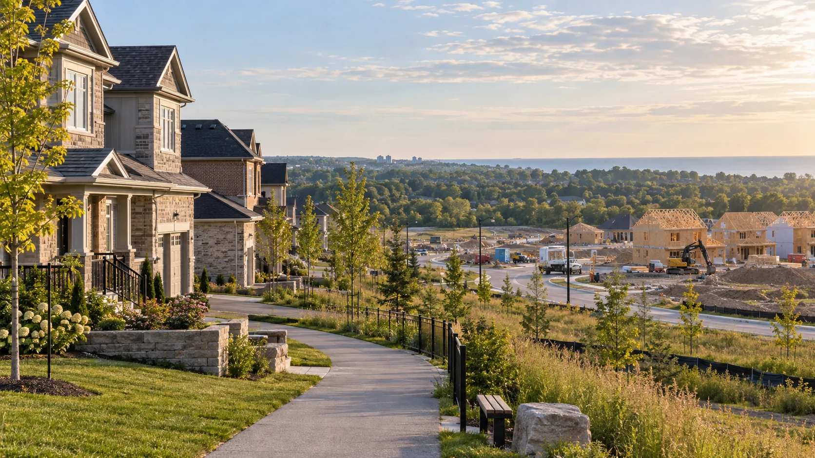 Finished houses beside homes under construction, evoking Seaton's phased neighbourhood growth in Pickering