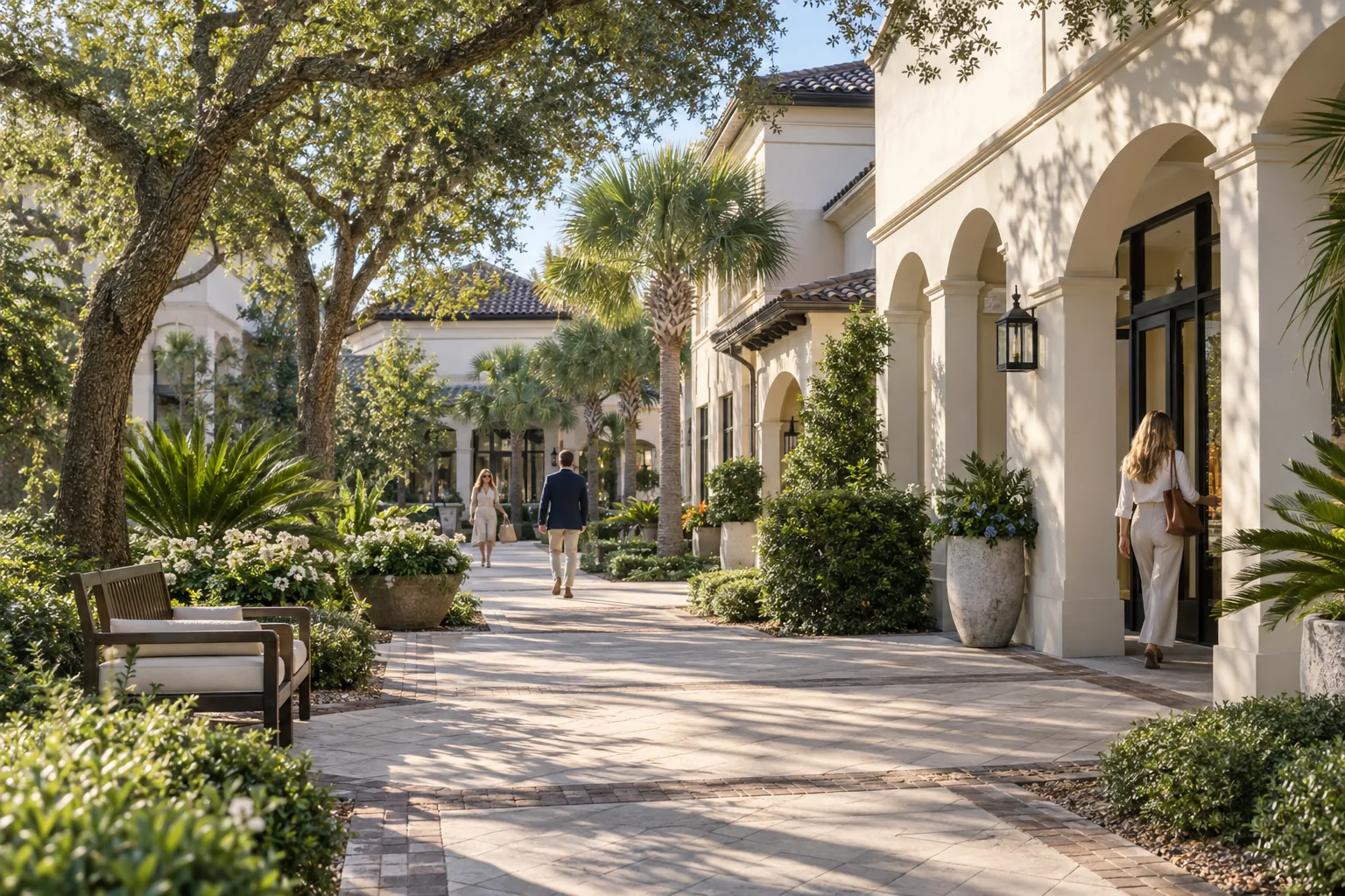 Low-rise professional buildings, shaded arcades and live oaks in Ponte Vedra Beach, Florida