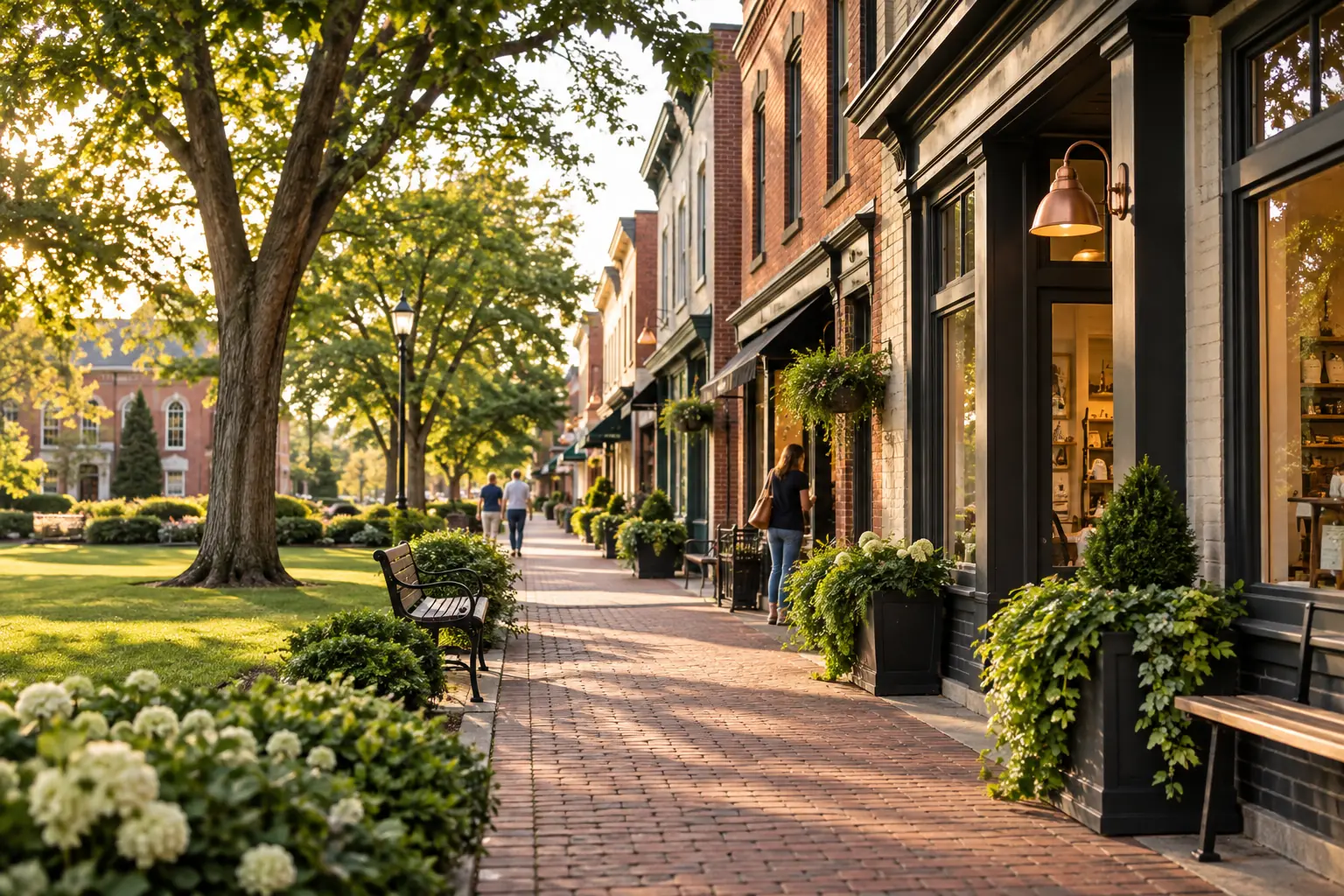 Powell village business district with brick storefronts and a public green