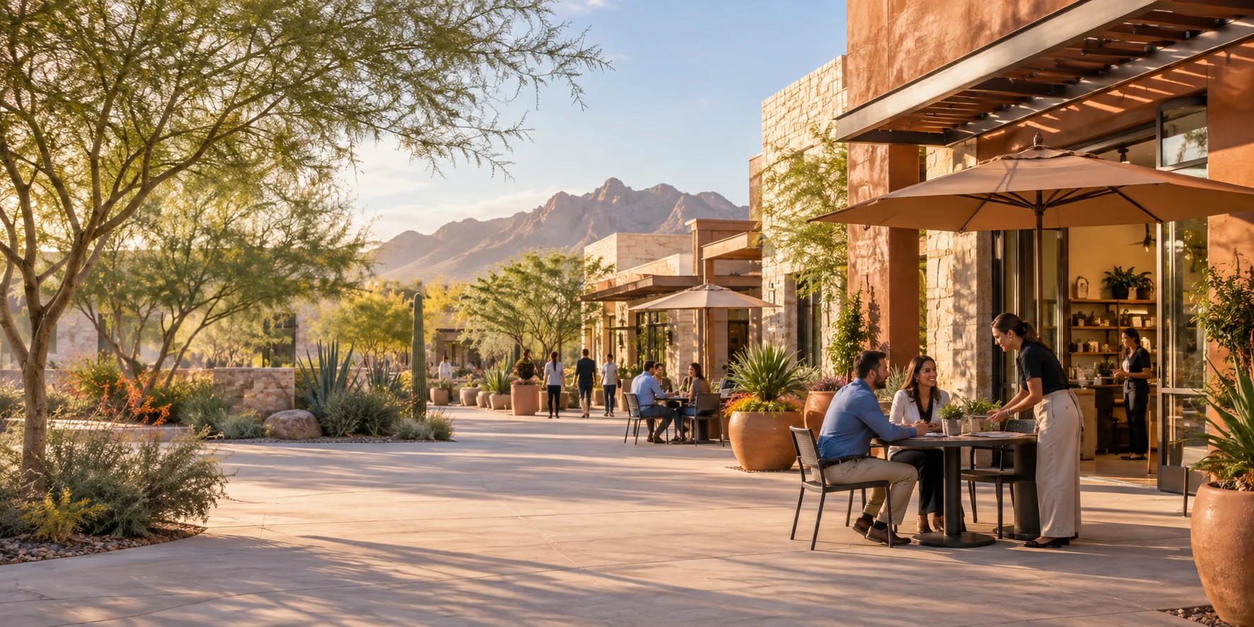 Queen Creek-area commercial courtyard with storefronts, desert landscaping and customers