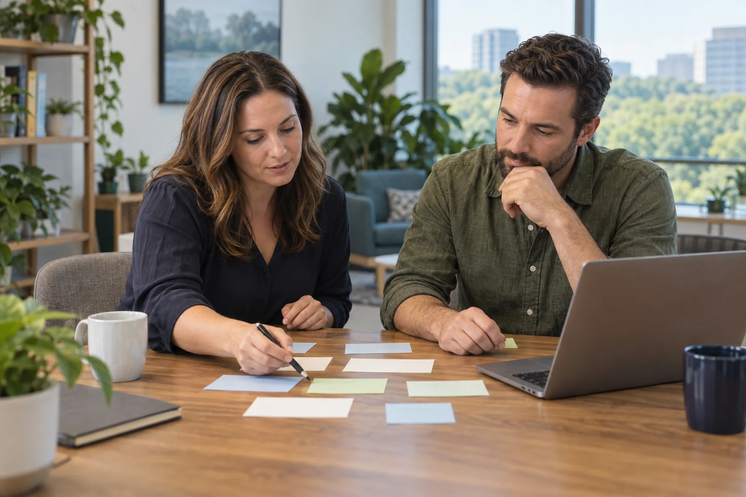 Two business operators reviewing customer inquiry cards beside a laptop