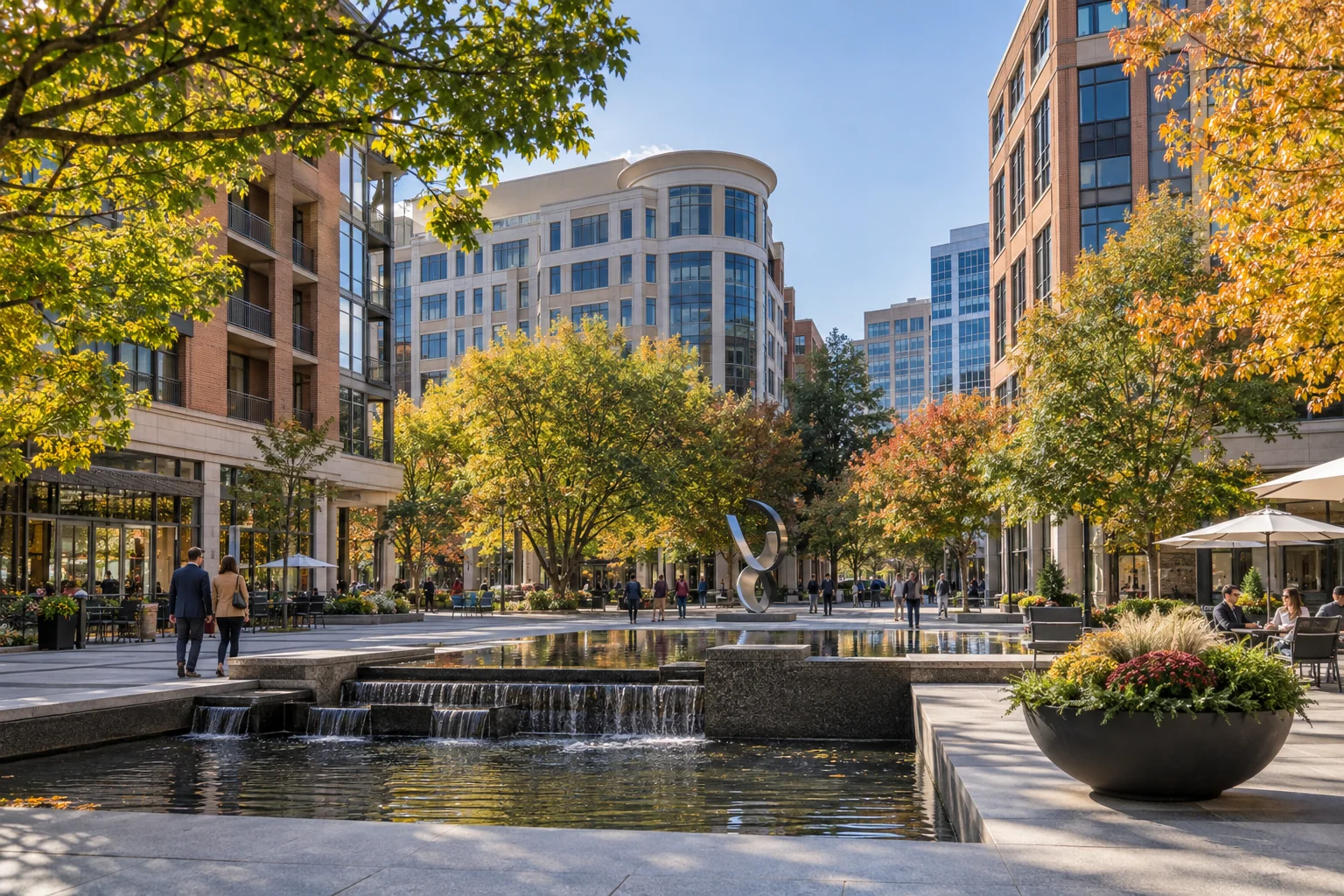 Reston mixed-use business plaza with warm brick offices, trees and a water feature