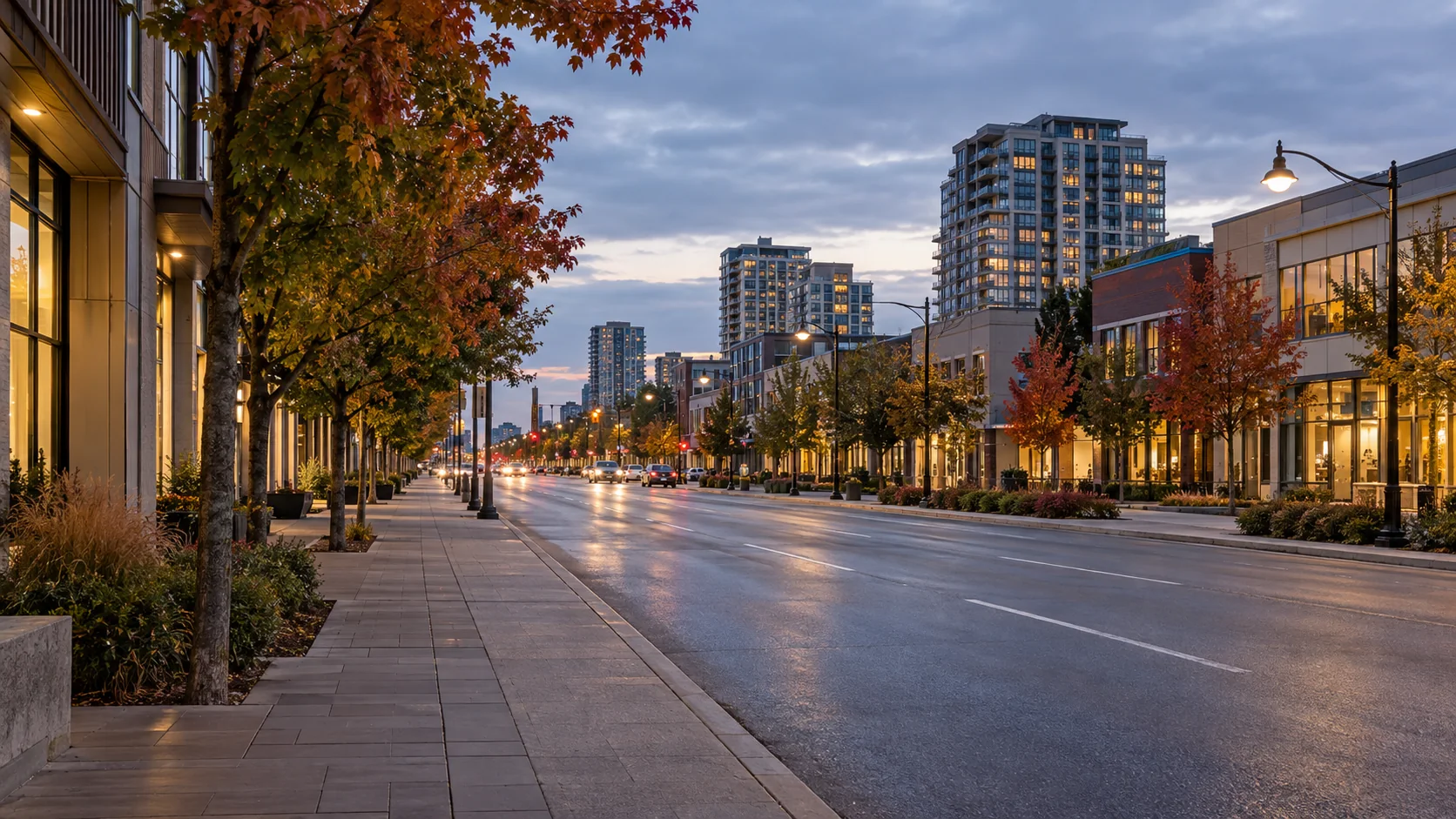 Tree-lined mixed-use street at dusk with shops and residences along a long urban corridor