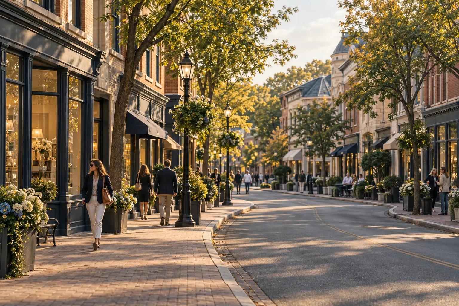 Ridgewood village business district with storefronts and people