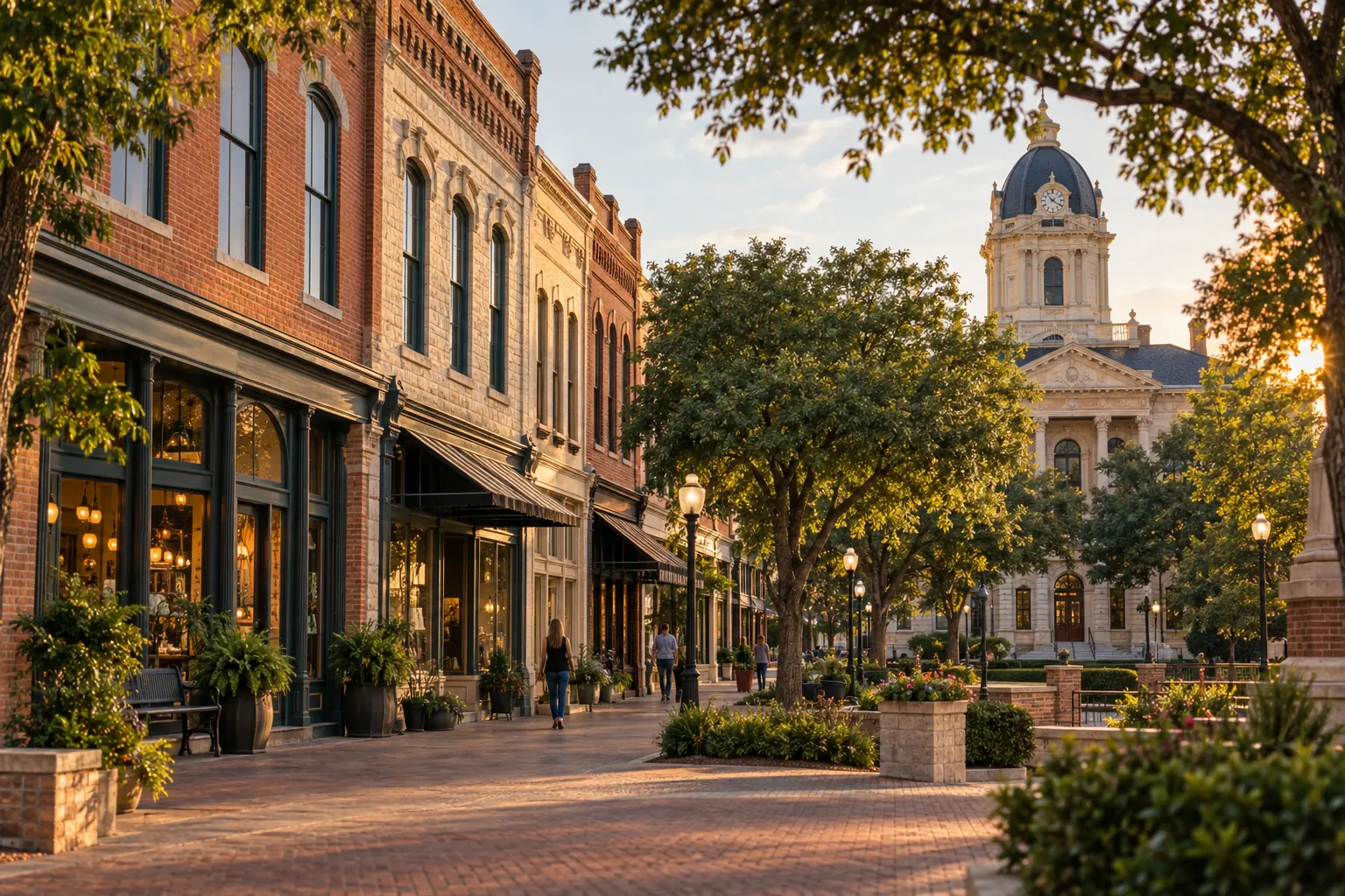 Historic brick storefronts and civic buildings in a North Texas commercial square