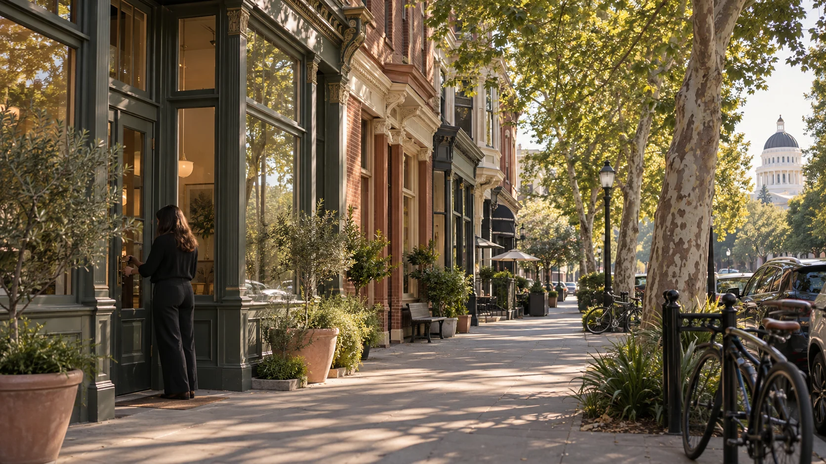 Tree-lined Sacramento-style Midtown storefront with the Capitol dome in the distance, original image by The Quiet Protocol