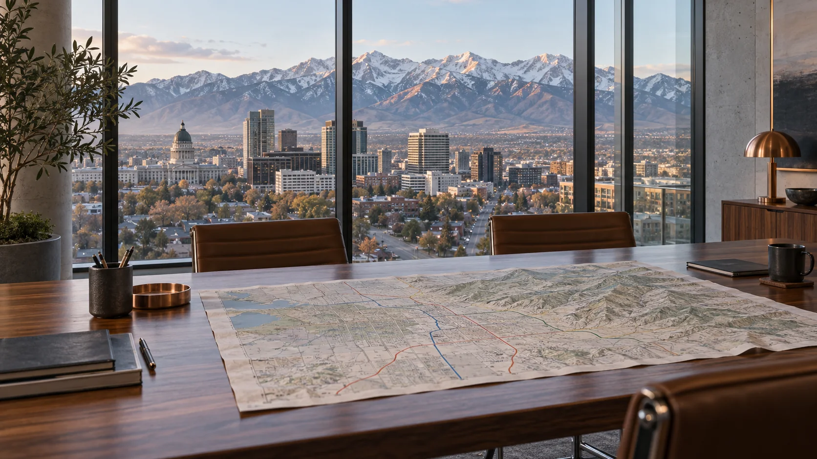 Salt Lake City business setting with the Wasatch Mountains beyond