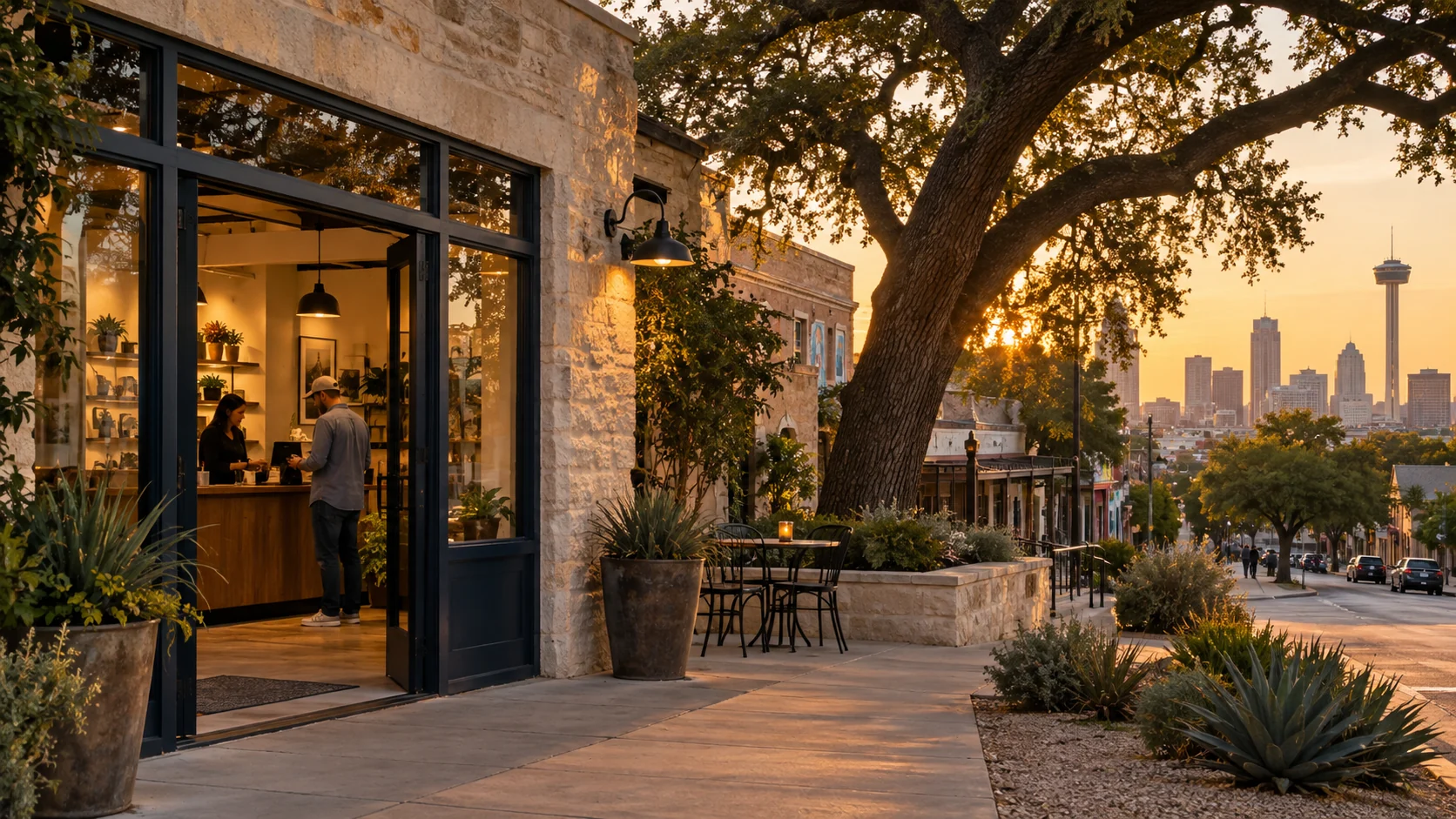 Independent Southtown-style service storefront with live oak and San Antonio skyline, original image by The Quiet Protocol