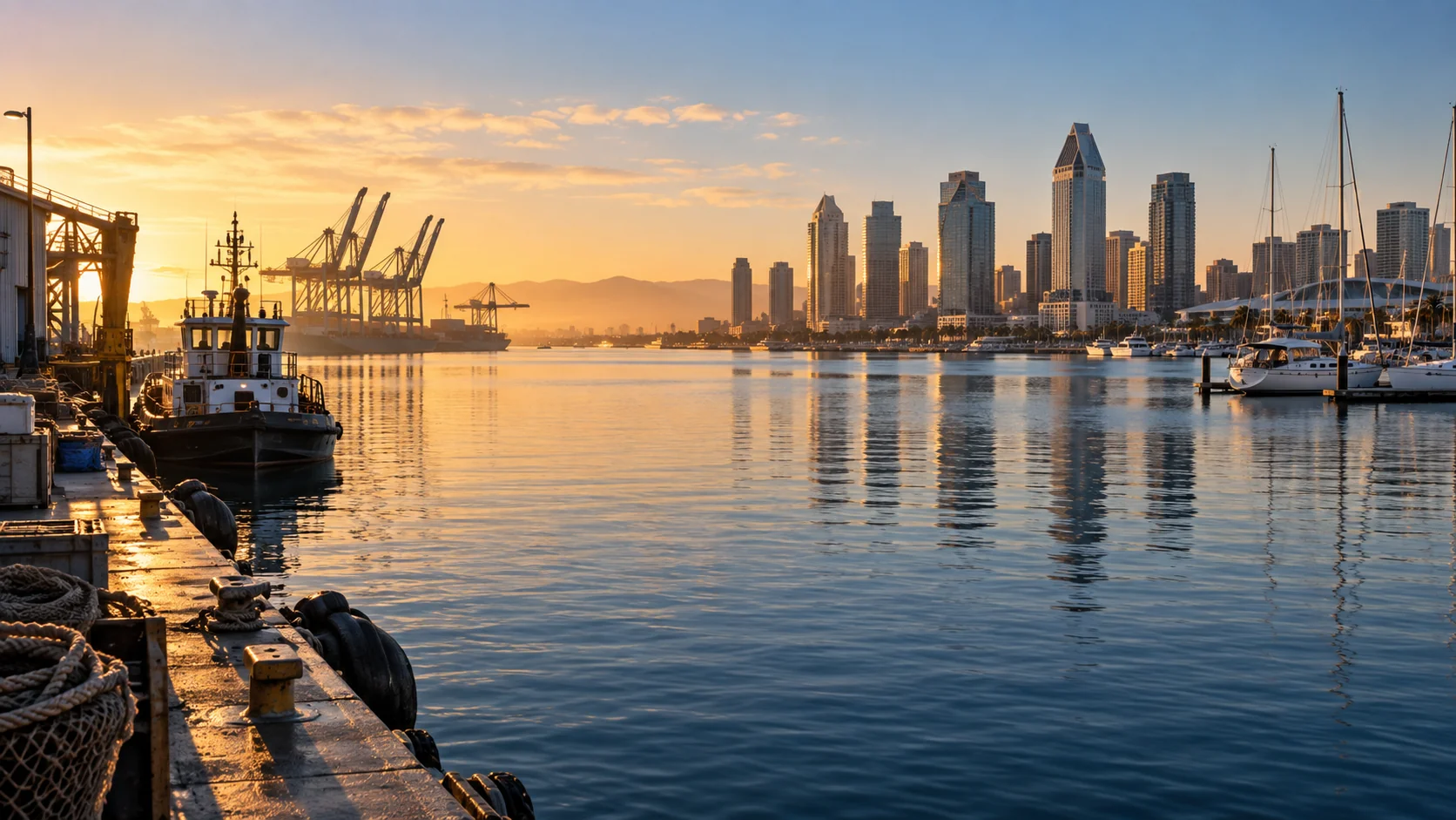 San Diego Bay working waterfront, port cranes and downtown skyline at dawn, original image by The Quiet Protocol