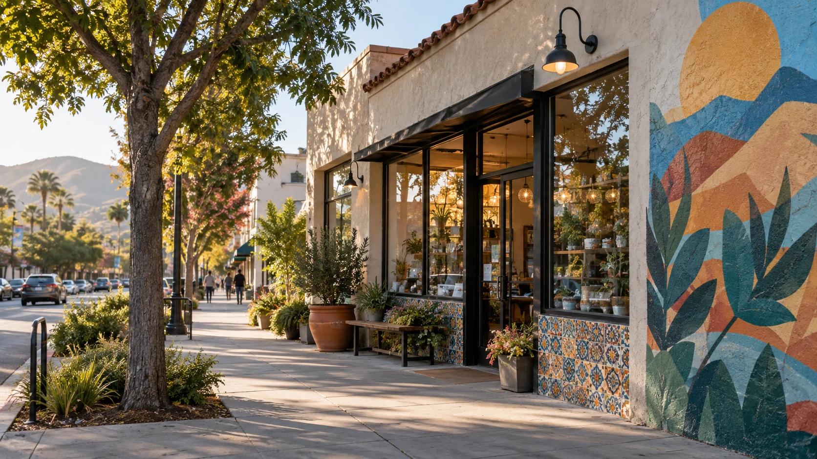 San Jose-style neighborhood business with a colorful mural and foothills, original image by The Quiet Protocol